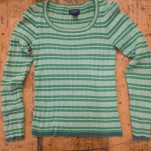 AMERICAN EAGLE Vtg Y2K Kelly‎ Green Striped Ribbed Preppy Top Sz M Bella Swan - Picture 5 of 8